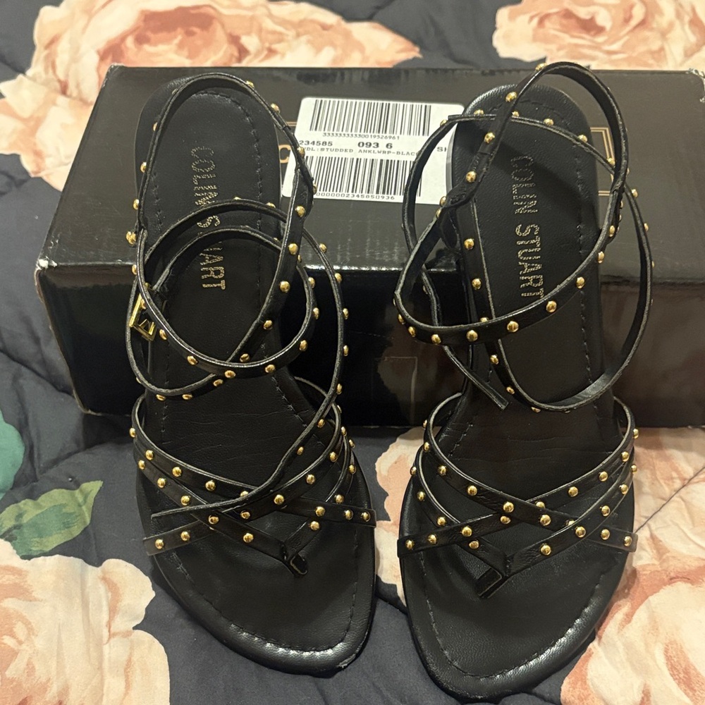 Colin Stuart Black Sandals with Gold Studs